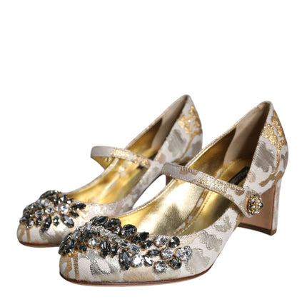 Gold Jacquard Crystal Mary Janes Pumps Shoes