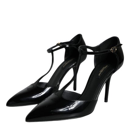 Black Patent Leather T-strap Heels Pumps Shoes