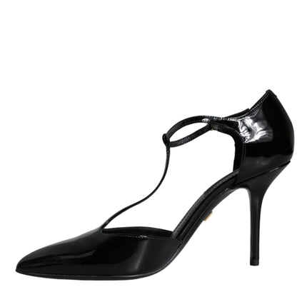 Black Patent Leather T-strap Heels Pumps Shoes