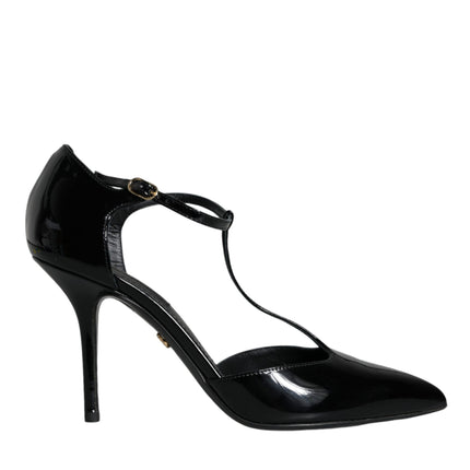 Black Patent Leather T-strap Heels Pumps Shoes