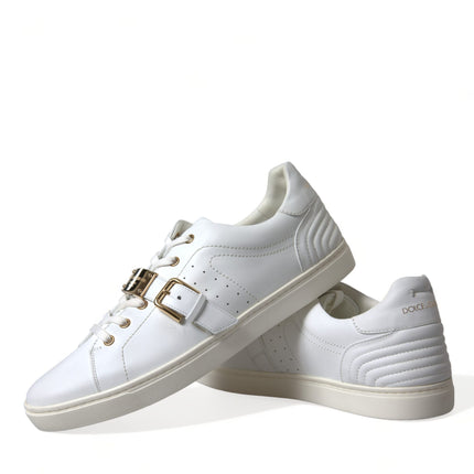 White Leather Gold Buckle Sneakers Shoes