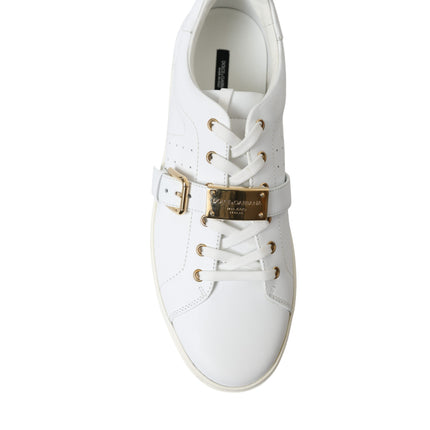 White Leather Gold Buckle Sneakers Shoes