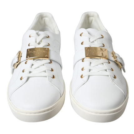 White Leather Gold Buckle Sneakers Shoes