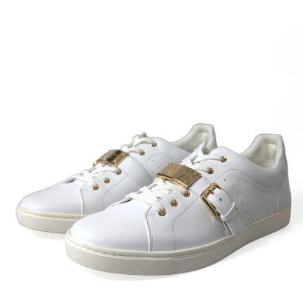 White Leather Gold Buckle Sneakers Shoes