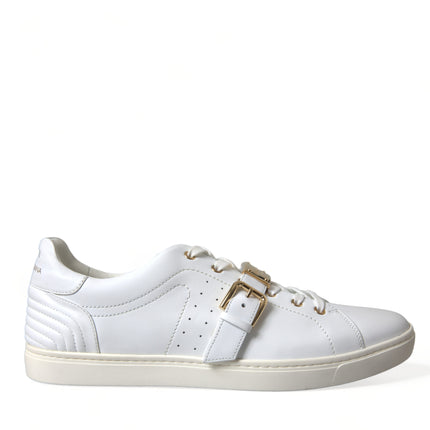 White Leather Gold Buckle Sneakers Shoes