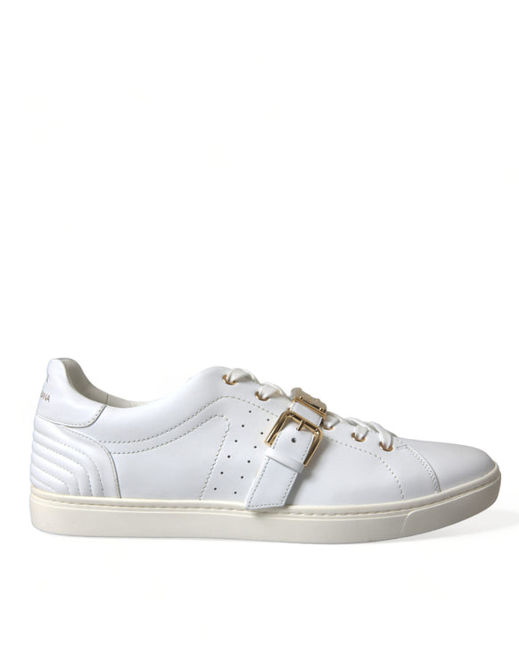 White Leather Gold Buckle Sneakers Shoes