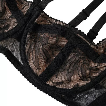 Black Floral Lace Nylon Balconcino Bra Underwear