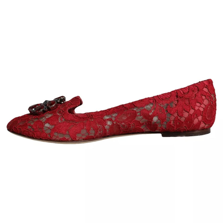 Red Lace Crystal Ballet Flats Loafers Shoes