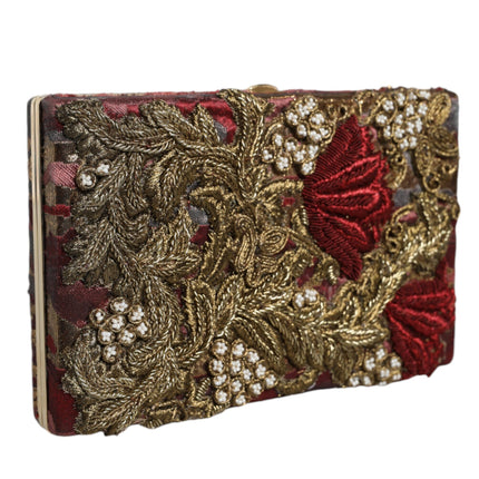 Maroon Gold Floral Jacquard Gold Frame Clutch Evening Purse Bag