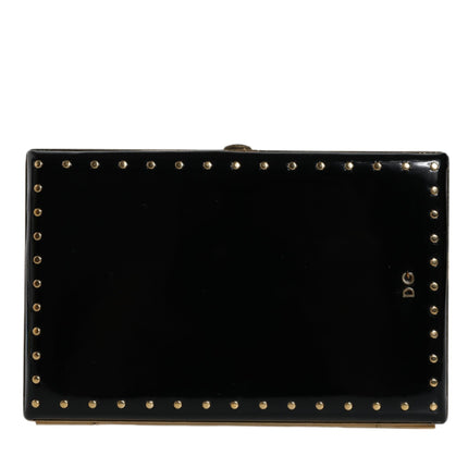 Black Leather Studs Gold Frame Clutch Evening Purse Bag