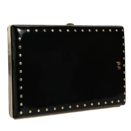 Black Leather Studs Gold Frame Clutch Evening Purse Bag