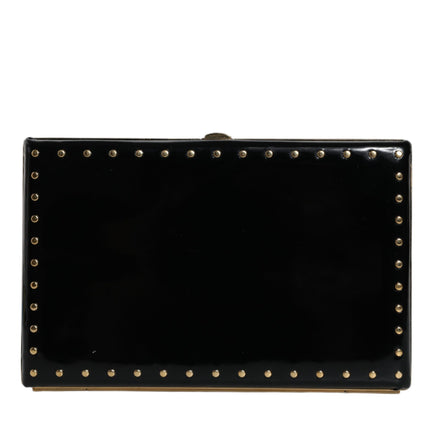 Black Leather Studs Gold Frame Clutch Evening Purse Bag