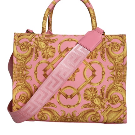 Pink Yellow Baroque Fabric Leather Shopping Tote Bag