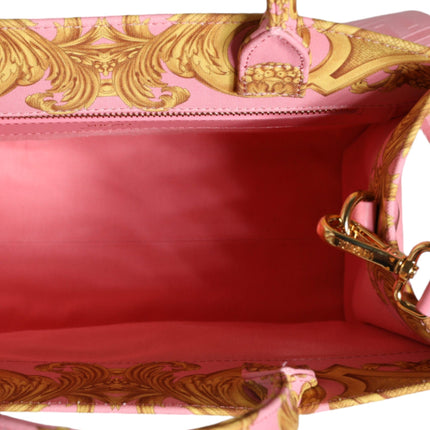 Pink Yellow Baroque Fabric Leather Shopping Tote Bag