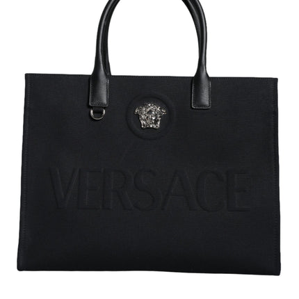 Black Top Handle Canvas Leather Logo Shopping Tote Bag