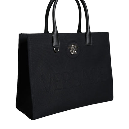 Black Top Handle Canvas Leather Logo Shopping Tote Bag