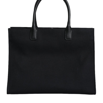 Black Top Handle Canvas Leather Logo Shopping Tote Bag