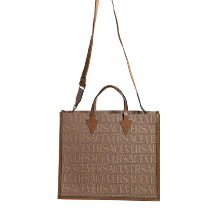 Brown Top Handle Jacquard Leather Logo Crossbody Tote Bag