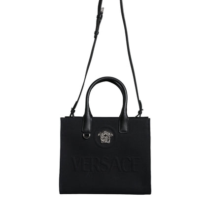 Black Top Handle Canvas Leather Logo Crossbody Tote Bag