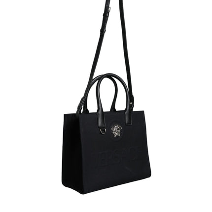 Black Top Handle Canvas Leather Logo Crossbody Tote Bag