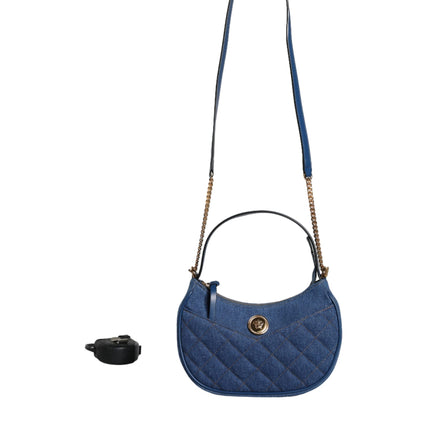 Blue Quilted Denim Leather Top Handle Shoulder Bag