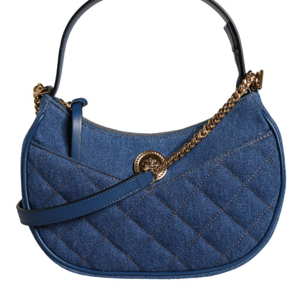 Blue Quilted Denim Leather Top Handle Shoulder Bag