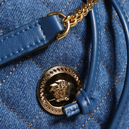 Blue Quilted Denim Leather Crossbody Shoulder Bag