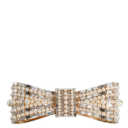 Gold Tone Brass Bow Crystal FauxPearl Embellished Brooch