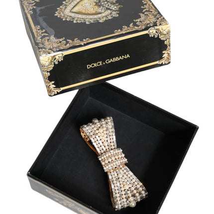 Gold Tone Brass Bow Crystal FauxPearl Embellished Brooch