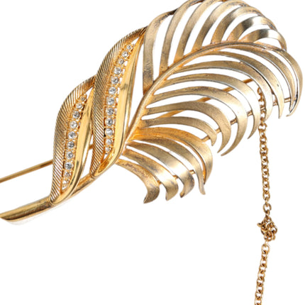 Gold Tone 925 Sterling Silver Leaf Crystal Chain Brooch