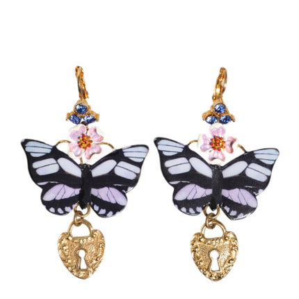 Gold Purple Crystal Butterfly Heart Locket Earrings