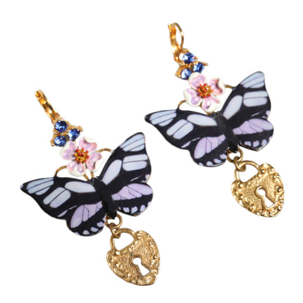 Gold Purple Crystal Butterfly Heart Locket Earrings