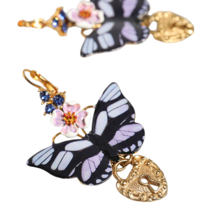 Gold Purple Crystal Butterfly Heart Locket Earrings