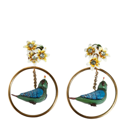 Gold Tone Brass Crystal Bird-in-Hoop Statement Earrings