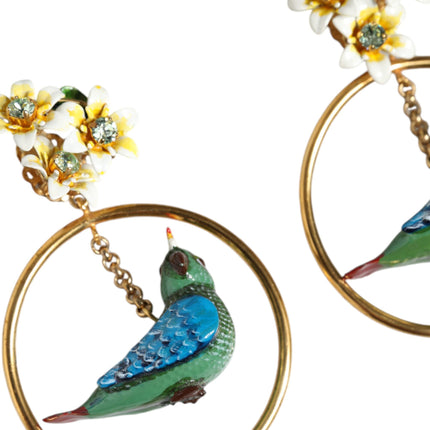 Gold Tone Brass Crystal Bird-in-Hoop Statement Earrings