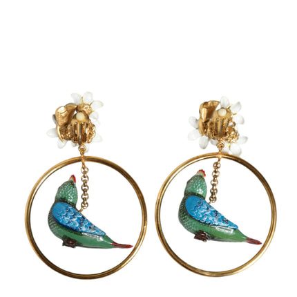 Gold Tone Brass Crystal Bird-in-Hoop Statement Earrings