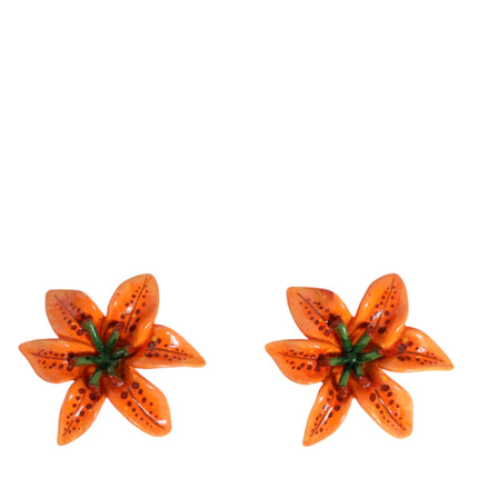 Orange Green Gold Brass Lily Flower Clip Floral Earrings