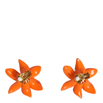 Orange Green Gold Brass Lily Flower Clip Floral Earrings