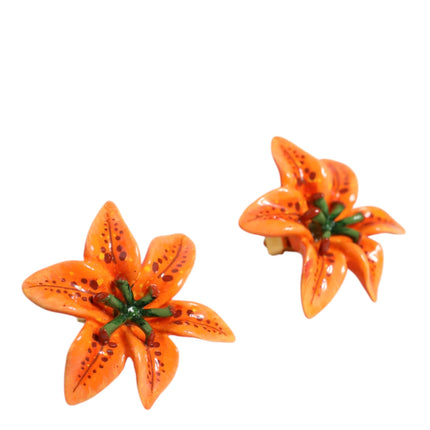 Orange Green Gold Brass Lily Flower Clip Floral Earrings