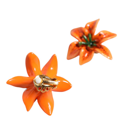 Orange Green Gold Brass Lily Flower Clip Floral Earrings