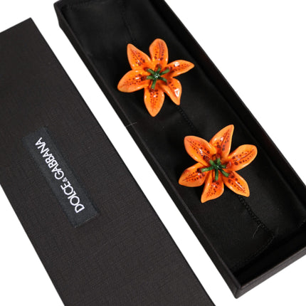 Orange Green Gold Brass Lily Flower Clip Floral Earrings