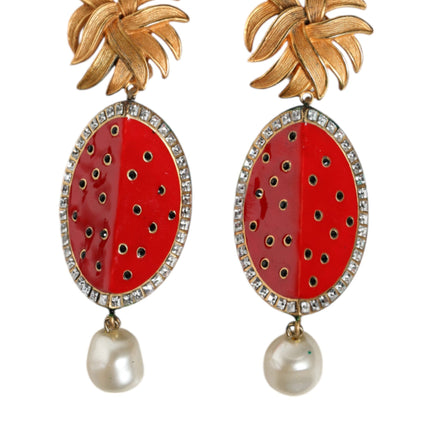 Red Watermelon Gold Brass Crystal Clip Dangling Earrings