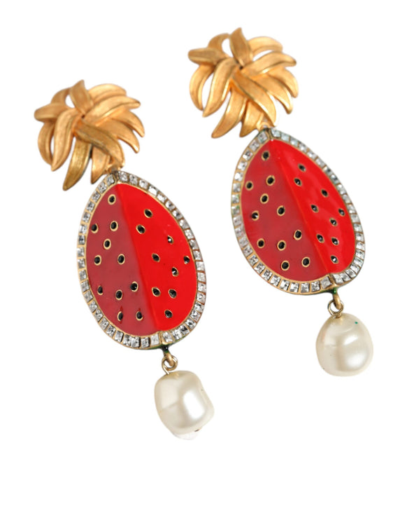 Red Watermelon Gold Brass Crystal Clip Dangling Earrings