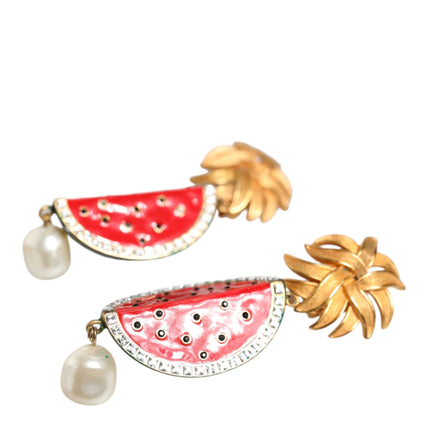 Red Watermelon Gold Brass Crystal Clip Dangling Earrings