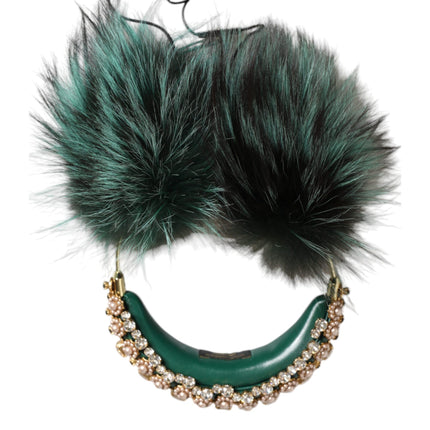 Green Gold Crystal Fur Headset Audio AUX Headphones