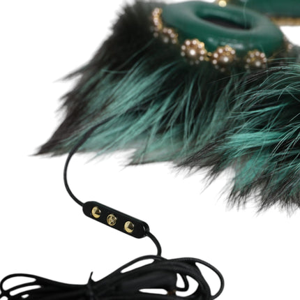 Green Gold Crystal Fur Headset Audio AUX Headphones