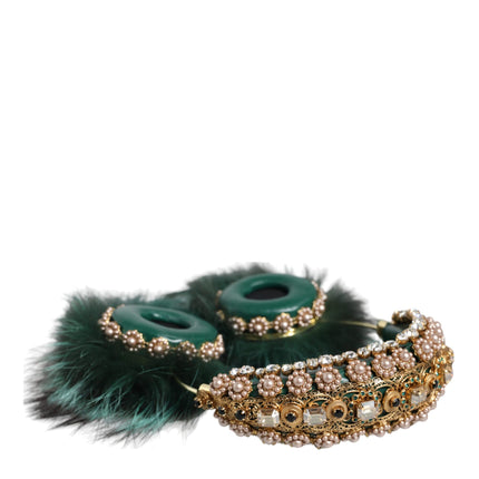 Green Gold Crystal Fur Headset Audio AUX Headphones