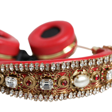 Red Nappa Leather Floral Crystal Headphone