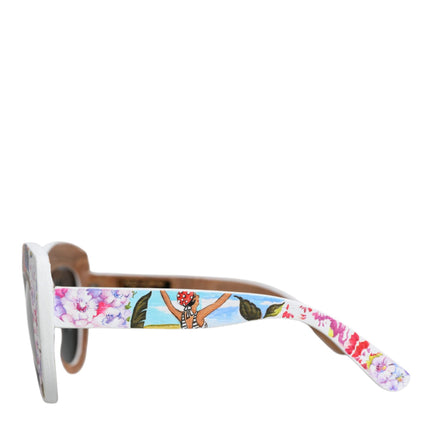 Multicolor Wood Crystal Brass Frame Floral Hand Paint Sunglasses