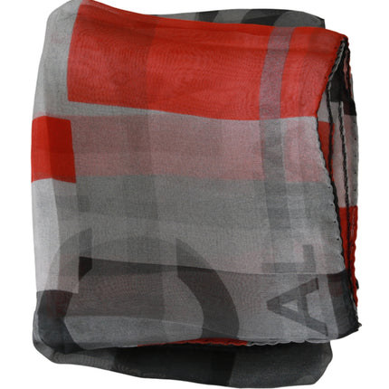 Gray Red 100% Silk Branded Scarf